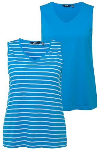 Ulla Popken Damen große Größen Übergrößen Plus Size Top, 2er-Pack, Ringel/Uni, V-Ausschnitt, ärmellos türkis 54+ 792183750-54+ von Ulla Popken
