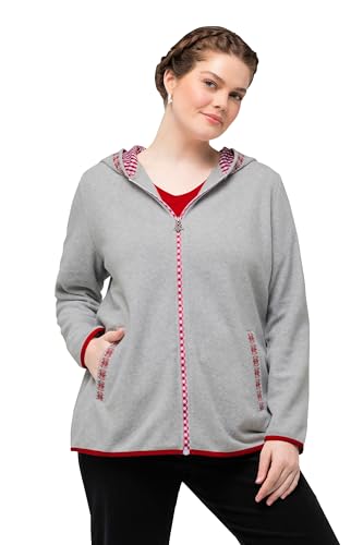 Ulla Popken Damen große Größen Übergrößen Plus Size Trachten-Fleecejacke, Kapuze, Zierstickerei, Langarm grau Melange 46+ 829113123-46+ von Ulla Popken