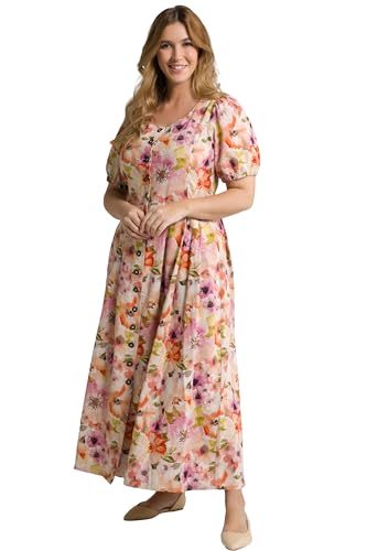 Ulla Popken Damen große Größen Übergrößen Plus Size Trachtenkleid, Blüten, Rundhals, Halbarm, Leinenmix melonenrosa 44 807363529-44 von Ulla Popken