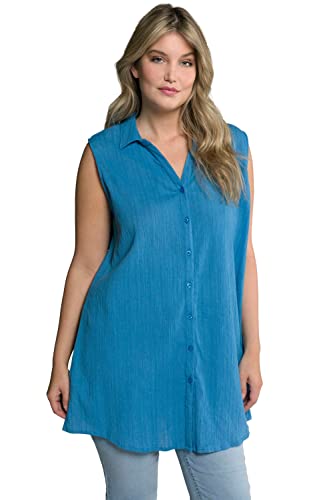 Ulla Popken Damen skjortblus, krinklad Look, A-linje, skjortkrage, ärmlös T-Shirt, helles azurblau, 46-48 von Ulla Popken