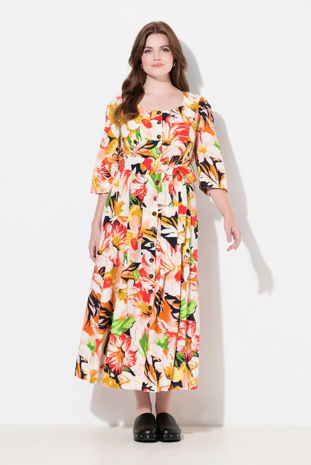 Ulla Popken Dirndl Maxikleid Leinenmix A-Linie Rundhals 3/4-Arm von Ulla Popken