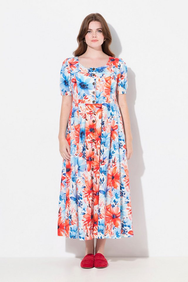 Ulla Popken Dirndl Maxikleid Smokeinsätze Rundhals Halbarm Leinenmix von Ulla Popken