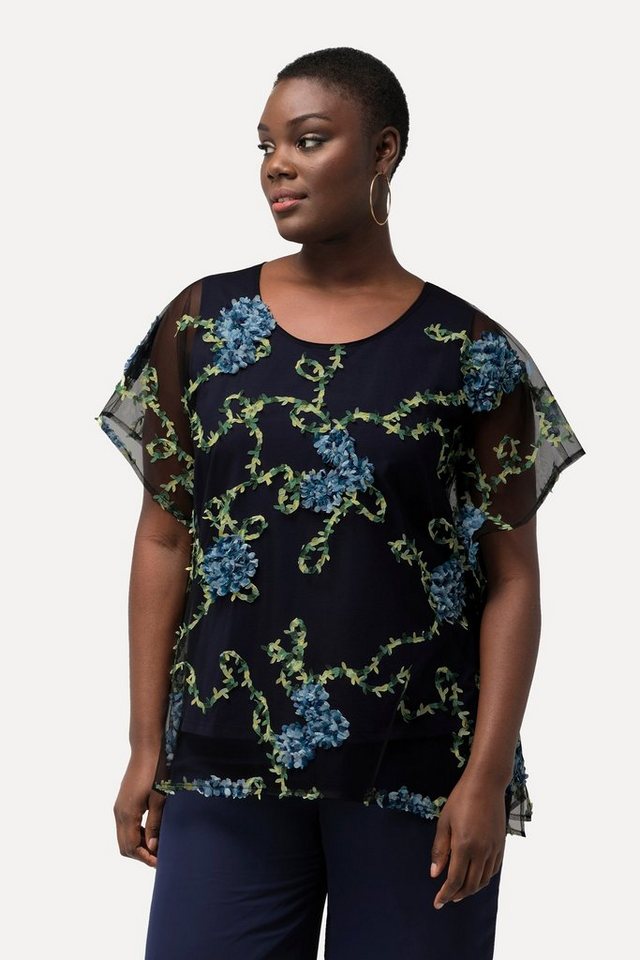 Ulla Popken Druckbluse Bluse Blütenstickerei doppellagig Rundhals Halbarm von Ulla Popken