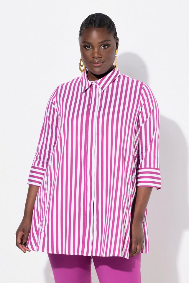 Ulla Popken Hemdbluse Bluse Streifen Godetfalten Hemdkragen 3/4-Arm von Ulla Popken