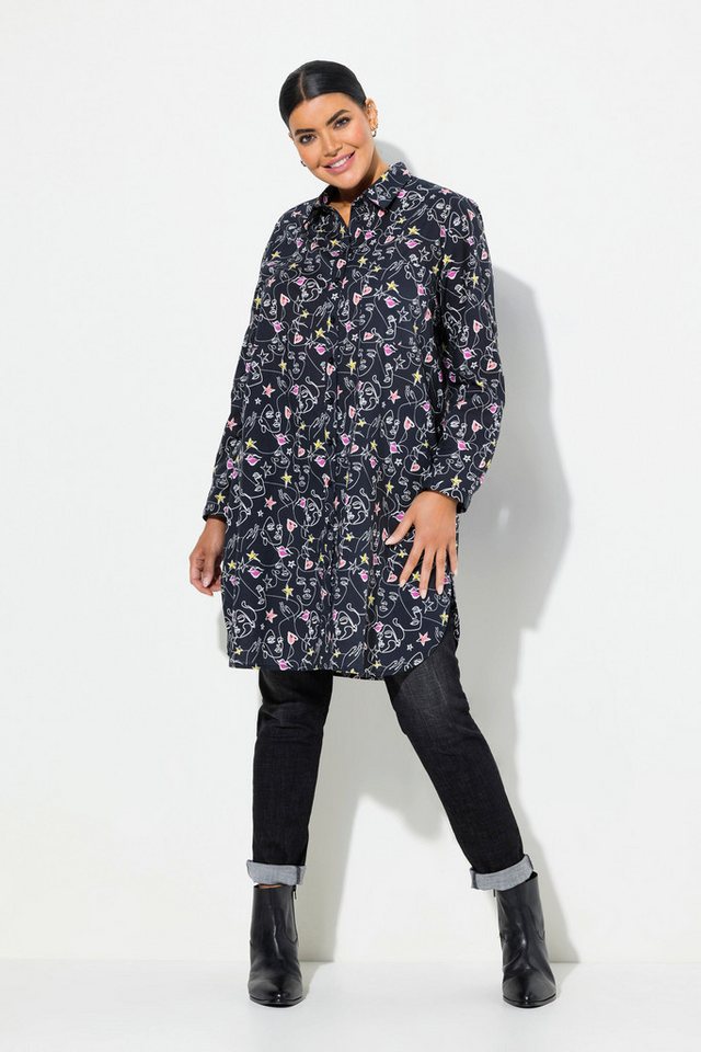 Ulla Popken Hemdbluse Longbluse Scribble-Herz Muster A-Linie Langarm von Ulla Popken