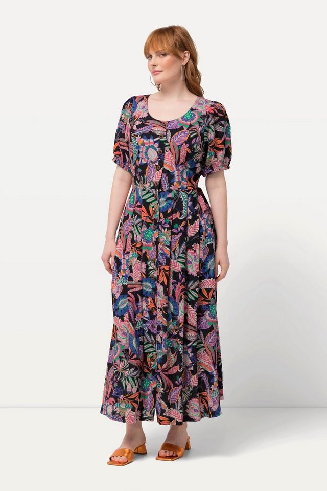 Ulla Popken Dirndl Kleid Blätter Leinenmix Rundhals Halbarm von Ulla Popken