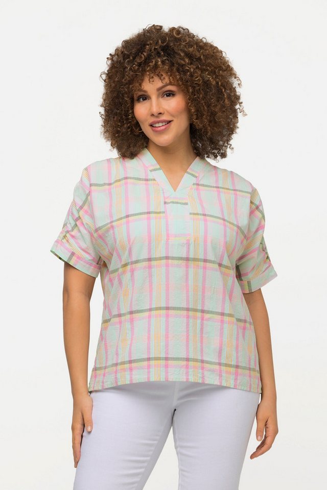 Ulla Popken Longbluse Bluse Karomuster Oversized V-Ausschnitt Halbarm von Ulla Popken