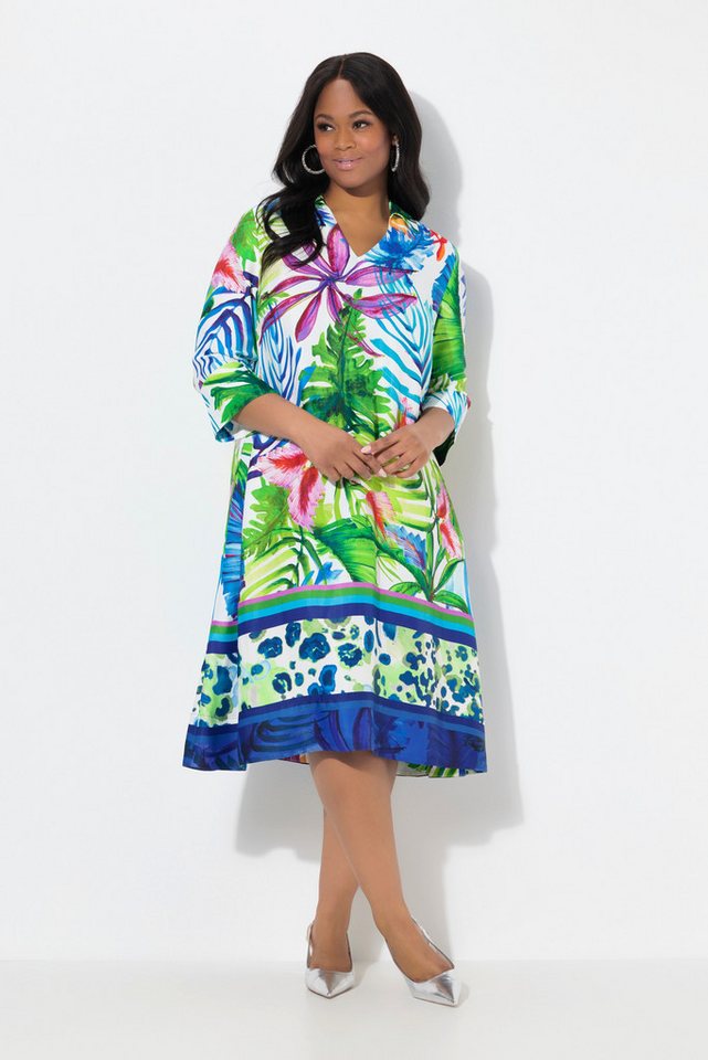 Ulla Popken Midikleid Satin-Midikleid Blätter A-Linie Hemdkragen 3/4-Arm von Ulla Popken