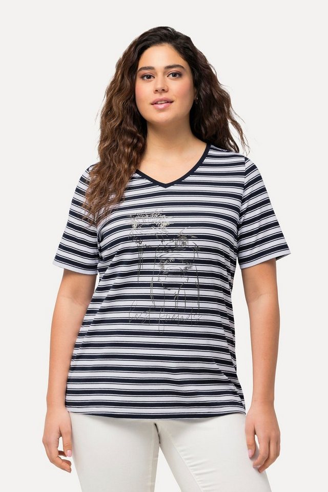 Ulla Popken T-Shirt T-Shirt Ringel Metallic-Tiermotiv V-Ausschnitt von Ulla Popken