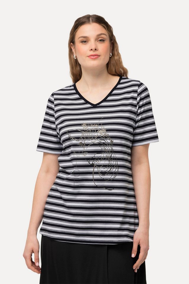 Ulla Popken T-Shirt T-Shirt Ringel Metallic-Tiermotiv V-Ausschnitt von Ulla Popken