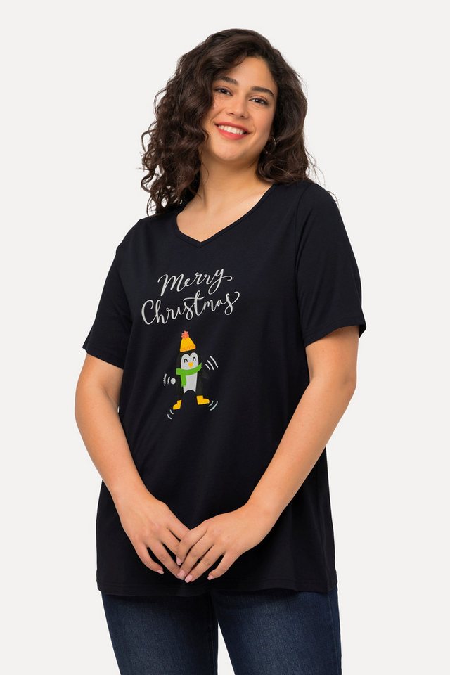 Ulla Popken T-Shirt Weihnachts-Shirt Pinguin A-Linie V-Ausschnitt von Ulla Popken