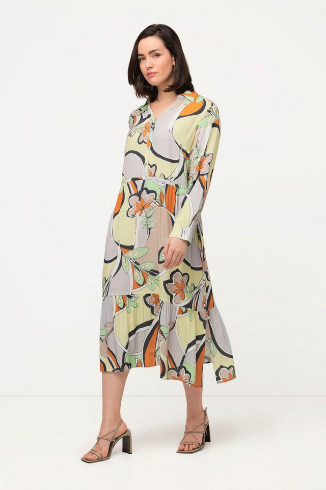 Ulla Popken Maxikleid Kleid grafisches Muster Hemdkragen Langarm von Ulla Popken