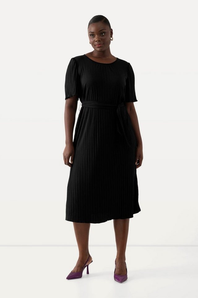Ulla Popken Midikleid Plissee-Midikleid A-Linie Rundhals Gürtel Halbarm von Ulla Popken