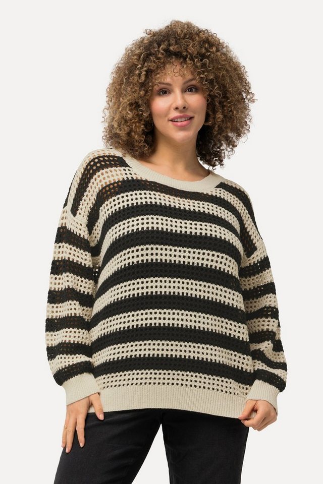 Ulla Popken Strickpullover Häkelpullover Streifen Oversized Rundhals Langarm von Ulla Popken