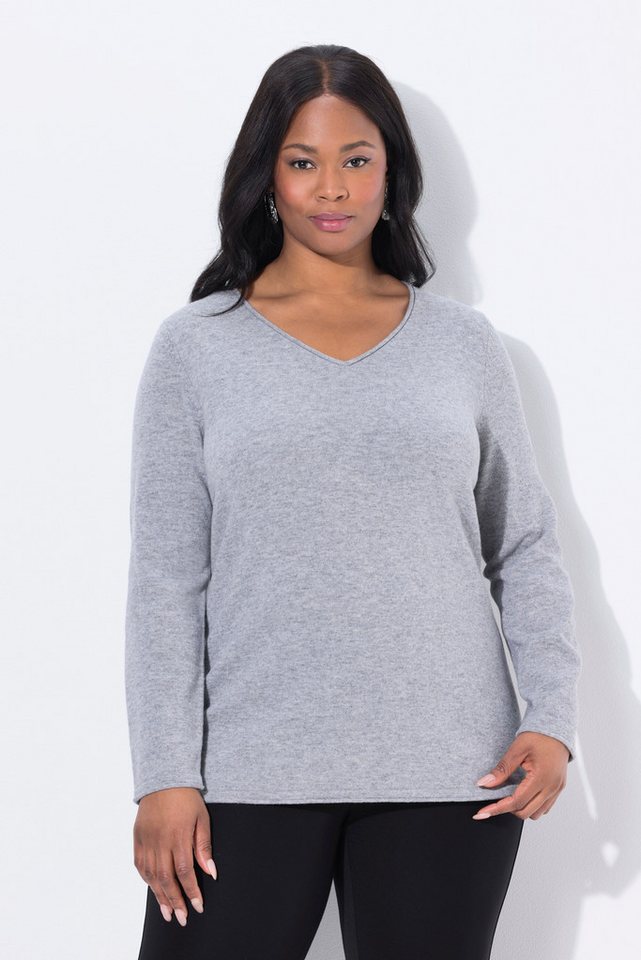 Ulla Popken Strickpullover Merino-Pullover Rollkanten V-Ausschnitt Langarm von Ulla Popken