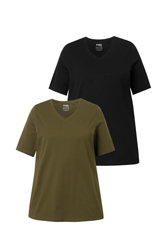 Ulla Popken Damen T-Shirts, 2er-Pack, V-Ausschnitt, Halbarm, Biobaumwolle, Oliv, 50-52 EU von Ulla Popken