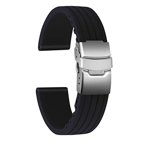 ULLCHRO Unisex Kautschuk Armband mit Edelstahl Silber Faltschließe 22mm Schwarz von ULLCHRO