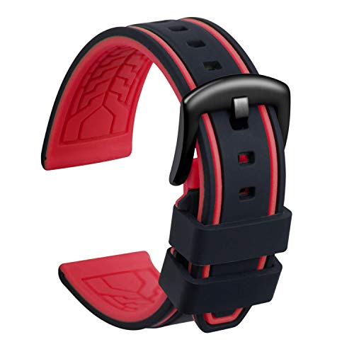 ULLCHRO Unisex Kautschuk Armband mit Gebürstete Edelstahl Silber Schnalle 24mm Schwarz Rot von ULLCHRO