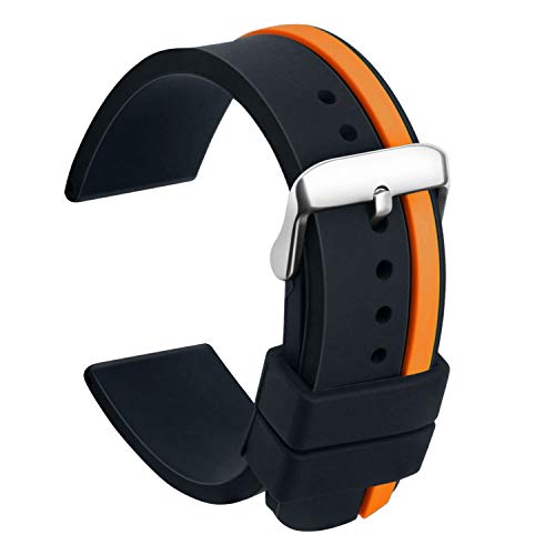 ULLCHRO Unisex Kautschuk Armband mit Gebürstete Edelstahl Silber Schnalle 22mm Schwarz Orange von ULLCHRO