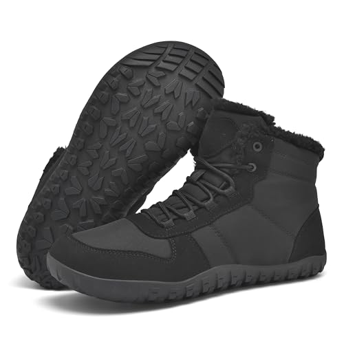Herren Winter-Barfußstiefel, isoliert, warm, mit Pelz gefüttert, minimalistische Schneeschuhe, breite Zehenbox + Drop-Zero Sohle, Schwarz, 44 EU von Ulogu