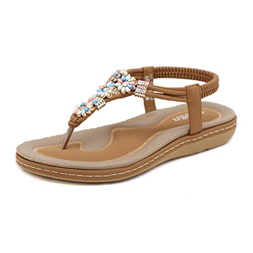 Sandalen Damen Sommer Flip Flops Bohemian Flach Zehentrenner mit Strass, 36 EU, Beige 197 von Ulogu