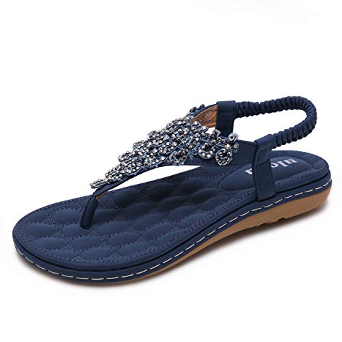 Sandalen Damen Sommer Flip Flops Bohemian Flach Zehentrenner mit Strass, 36 EU, Dark Blue von Ulogu