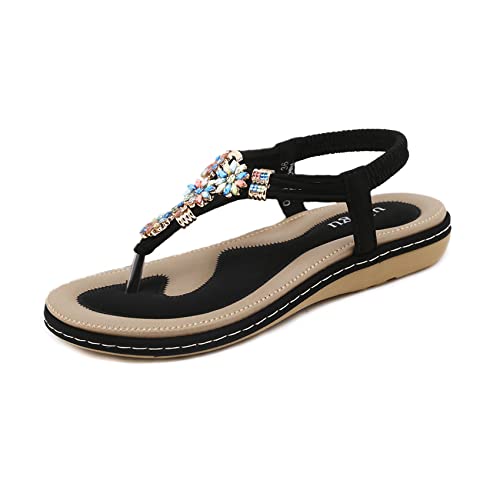 Sandalen Damen Sommer Flip Flops Bohemian Flach Zehentrenner mit Strass, 36 EU, Schwarz 197 von Ulogu