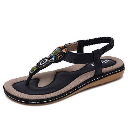 Sandalen Damen Sommer Flip Flops Bohemian Flach Zehentrenner mit Strass, 36 EU, Schwarz von Ulogu