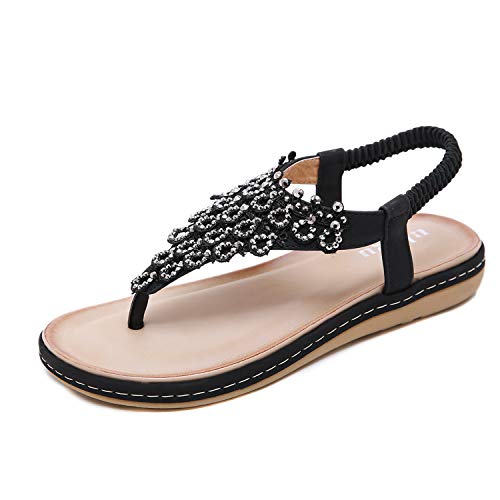 Sandalen Damen Sommer Flip Flops Bohemian Flach Zehentrenner mit Strass, 37 EU, Schwarz 023 von Ulogu