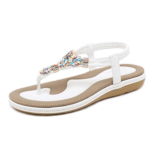 Sandalen Damen Sommer Flip Flops Bohemian Flach Zehentrenner mit Strass, 37 EU, Weiß 197 von Ulogu