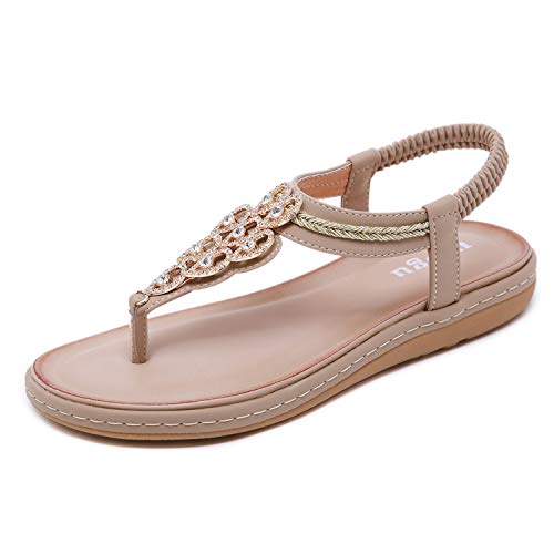 Sandalen Damen Sommer Flip Flops Bohemian Flach Zehentrenner mit Strass, 38 EU, Beige 072 von Ulogu