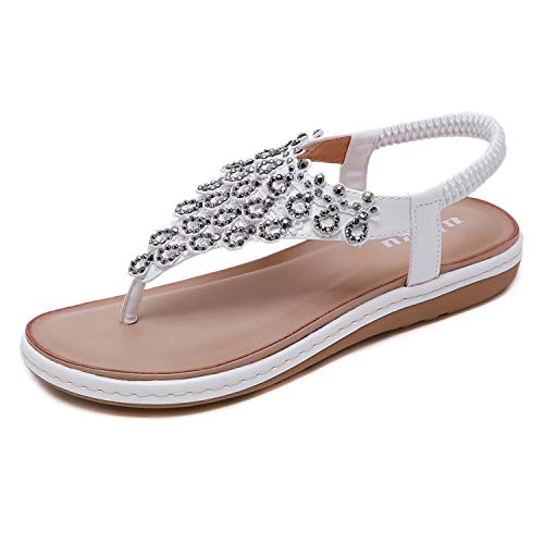 Sandalen Damen Sommer Flip Flops Bohemian Flach Zehentrenner mit Strass, 38 EU, Weiß von Ulogu