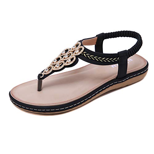 Sandalen Damen Sommer Flip Flops Bohemian Flach Zehentrenner mit Strass, 40 EU, Schwarz 072 von Ulogu