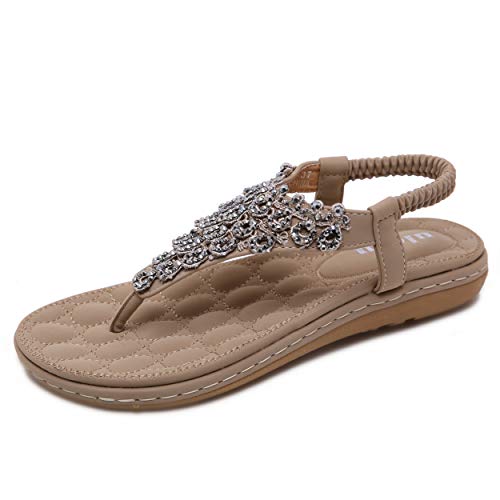 Sandalen Damen Sommer Flip Flops Bohemian Flach Zehentrenner mit Strass, Beige 023, 42 EU von Ulogu