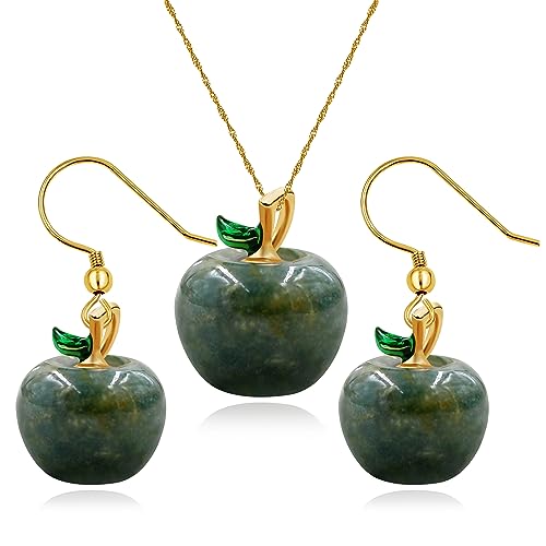 Schmuck-Set aus Naturstein, Halbedelstein, Obst-Apfelform, Schmuck, Geschenke, niedliche Apfelohrringe und Halskette für Damen, One size, Stein, Kein edelstein von Uloveido