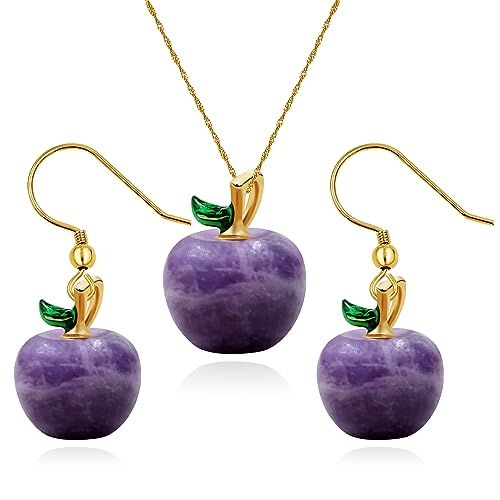 Schmuck-Set für Damen aus Naturstein, Halbedelstein, Frucht, Apfelform, Schmuck, Geschenke, niedliche Apfel-Ohrringe und Halskette, One size, Stein, Kein edelstein von Uloveido