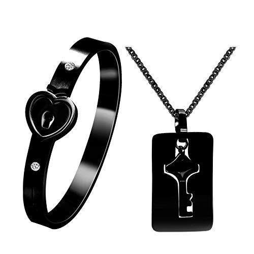 Schwarzes Titan-Stahl-Herzschloss-Armband und Schlüsselanhänger-Halskette für Männer und Frauen SN300 (Black) von Uloveido