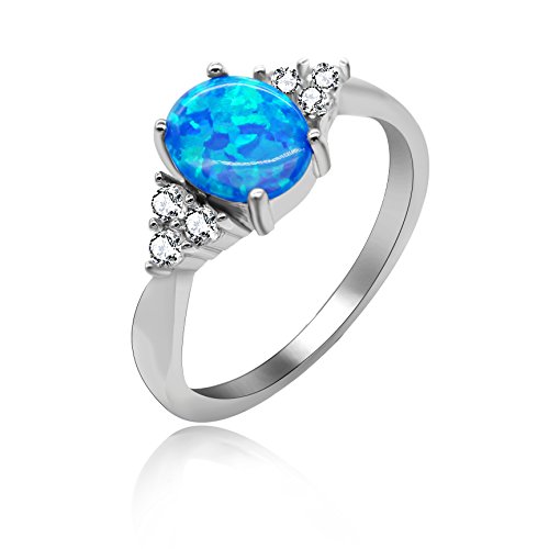 Uloveido 2,96 g 925 Sterling Silber Geburtsstein Ring Oval Schnitt Erstellt Blau Feueropal mit Runde Klar CZ Luxus Hochzeit Engagement Schmuck für Frauen Größe 57 (18.1) JZ125 von Uloveido