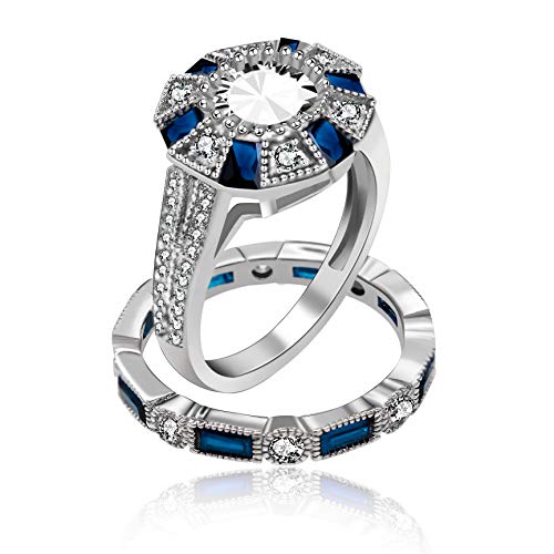 Uloveido 2 Stück Weißgold Überzogene Runde Cut Weiß CZ Split Schaft Stack Braut Ringe Set mit Ewigkeit Band Set für Frauen RJ497 von Uloveido