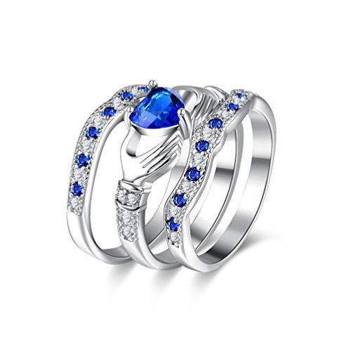Uloveido 3 Stück Set blau Herz Ring, Lab Saphir CZ Zirkonia Ringe, irische Claddagh Liebe Engagement Hochzeit Schmuck Sets HR314-6 von Uloveido