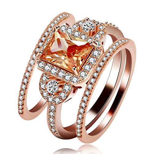 Uloveido 3pcs stapelbar Braut Ringe Set Rose Gold plattiert, 3-Stein Smaragd geschnitten Champagner gelb CZ Solitaire Accent Engagement Eheringe für Frauen (Größe 57) Y434 von Uloveido