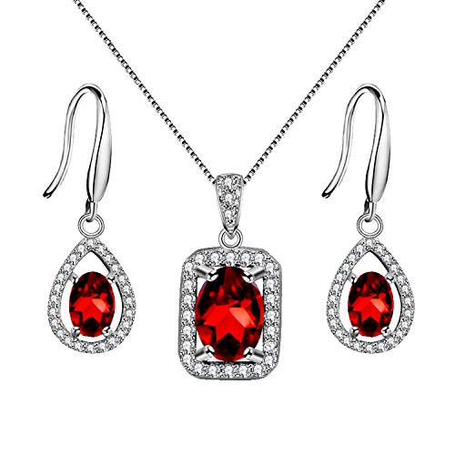 Uloveido 925 Sterling Silber Granat Birthstone Halskette Anhänger und Teardrop Ohrringe Hochzeit Engagement Jubiläum Geburtstag Schmuck-Set für Frauen Brautmädchen FT001 von Uloveido