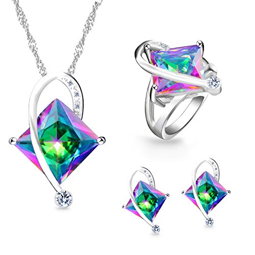 Uloveido Big Square Multi-Color Mystic Erstellt Topaz Choker Halskette Ohrstecker Halo Ringe Schmuck-Set, Silber Farbe Hochzeitsdekorationen Brautschmuck von Uloveido