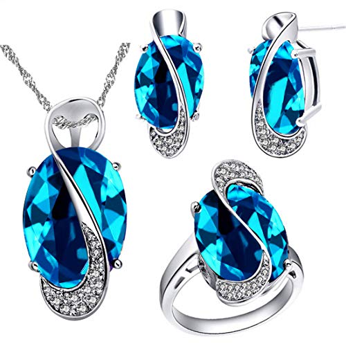 Uloveido Charm Hellblau Erstellt Topaz Mystic Big Oval Kristall Halskette Passende Ohrstecker Ringe Weißes Gold Überzogener Hochzeitsschmuck Set T472 von Uloveido