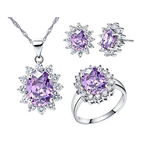 Uloveido Damen Halskette und Ohrringe Ohrstecker Ringe Schmuck Set für Hochzeitstag mit lila Kristallen T466 von Uloveido