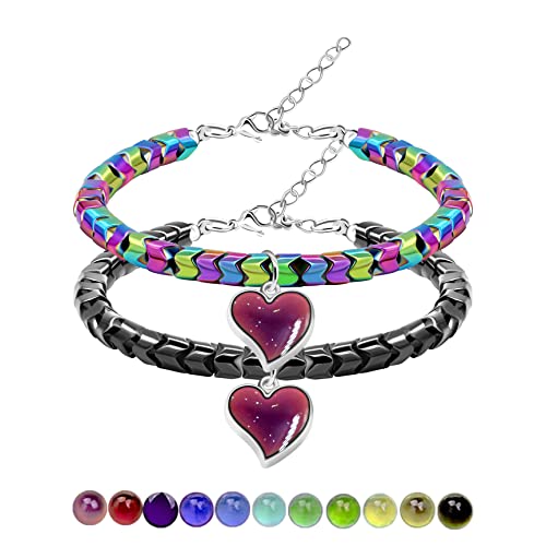 Uloveido Ein Paar Zahnradform Hämatit Armbänder mit Farbwechsel Thermo Sensitive Stimmung Herz Charms, Paare Liebe Herz Armreifen Geschenke Y1995-UK, 14 cm, Edelstahl, Kein Edelstein von Uloveido