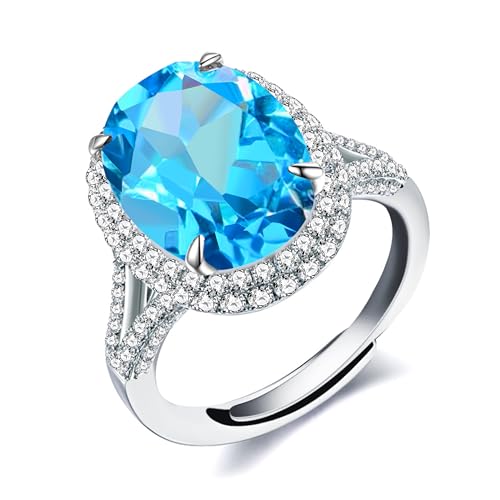 Uloveido Einstellbare Silber Farbe Hellblau CZ ovale Verlobungsringe für sie, ovale Cubic Zirkonia Kristall Split Shank Ring Hochzeit (Split Schaft-Hellblau) von Uloveido
