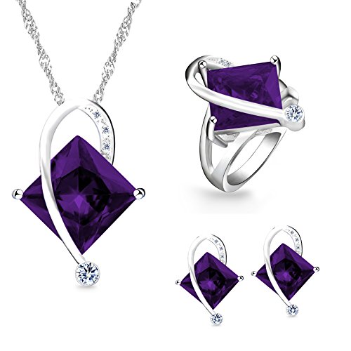 Uloveido Einzigartige White Gold Plated Große Quadratische Simulierte Amethyst Halskette Durchbohrte Ohrringe Bypass Ringe mit Klaren Zirkonia für Frauen (Lila, Größe 52) T295 von Uloveido