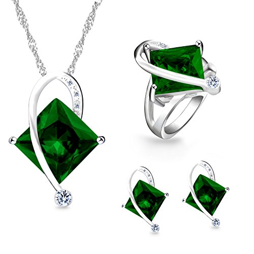 Uloveido Einzigartige White Gold Plated Große Quadratische Simulierte Peridot Halskette Durchbohrte Ohrringe Bypass Ringe mit Klaren Zirkonia für Frauen (Grün, Größe 52) T295 von Uloveido