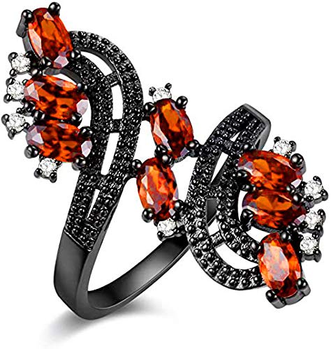 Uloveido Einzigartiger, schwarzer, breiter Blumenring mit roten CZ-Steinen. Erstellt mit Rubin ovale Verlobungsringe für Mädchen (Rot, Größe 57 (18.1)) von Uloveido